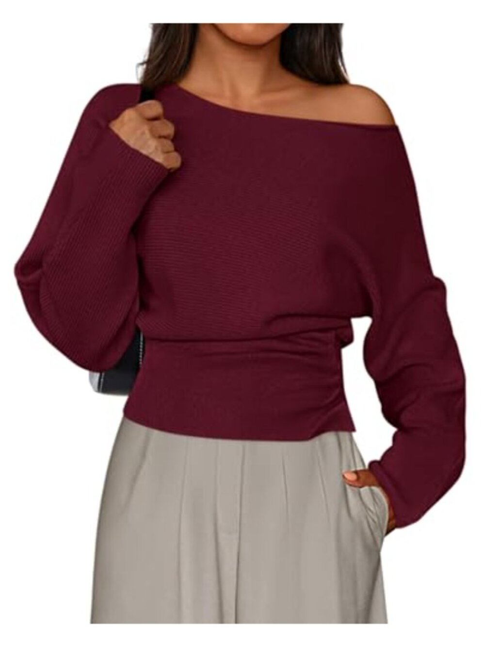 Off Shoulder Ribbed Knit Pullover Sweater Long Sleeve Fall Winter